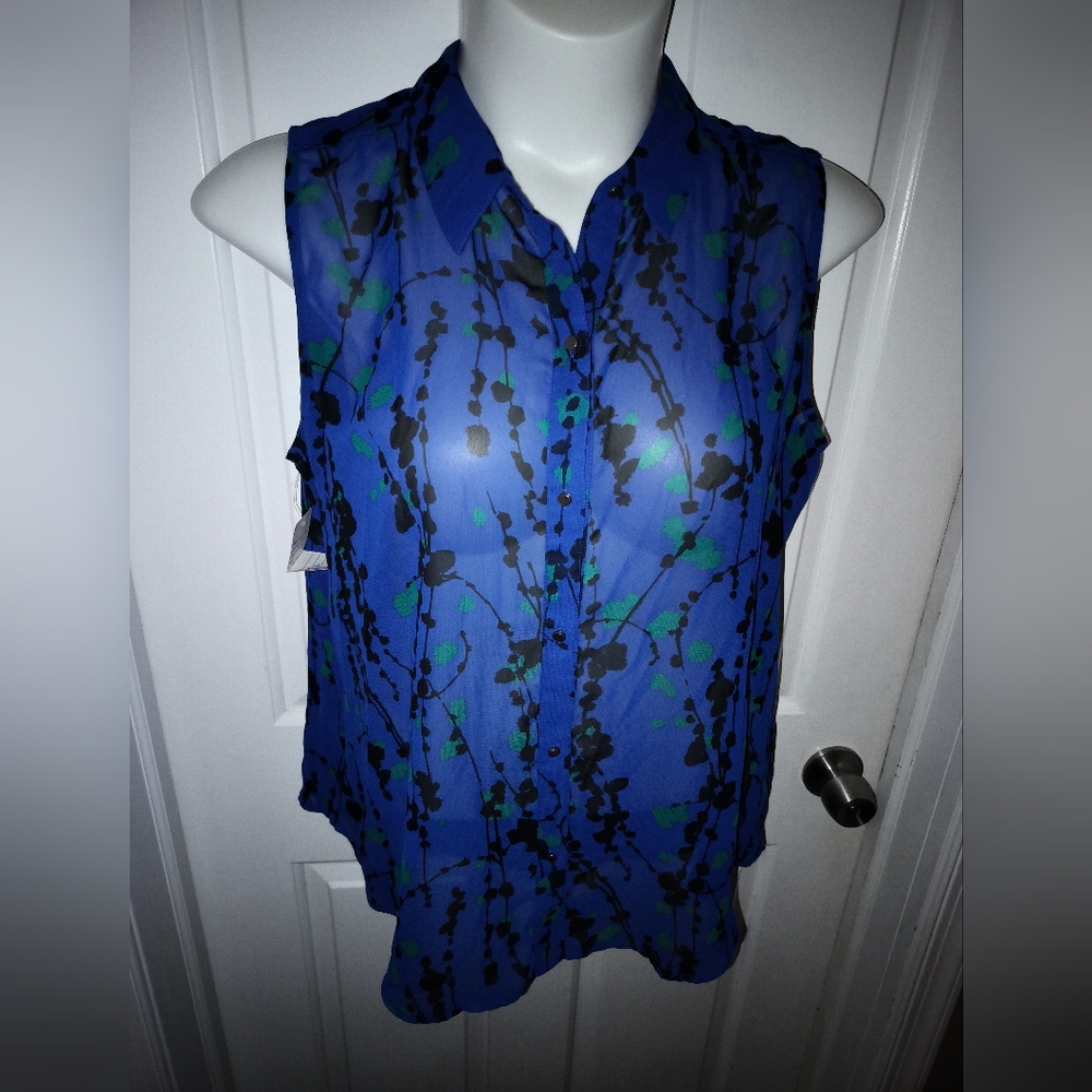 Liz Claiborne Sleeveless Blue & Black Blouse Button Up Sz XL